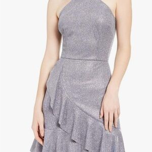 BCX Silver Asymmetrical Ruffled Halter Dress
